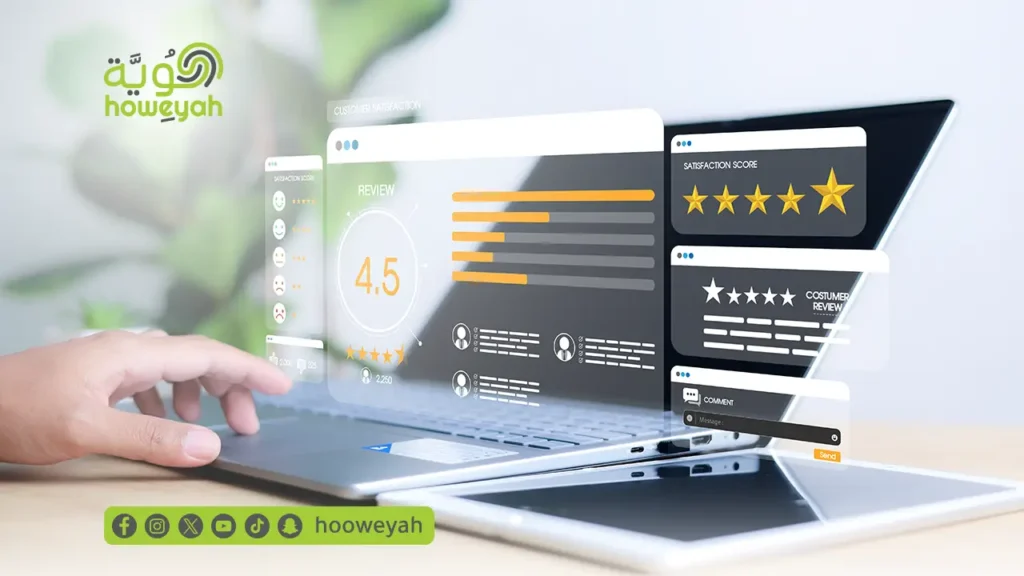 واجهة رقمية تعرض إحصائيات تقييم رضا العملاء ومستوى تجربة المستخدم.