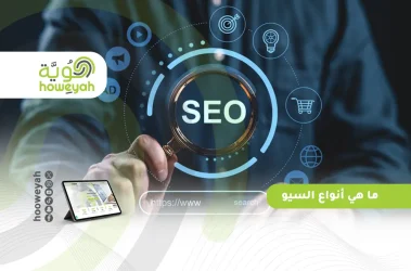 رسم توضيحي يشرح أنواع السيو وتحسين محركات البحث SEO